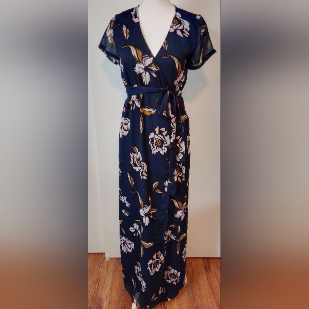 Olivaceous Navy Floral print Maxi wrap dress Size: S
